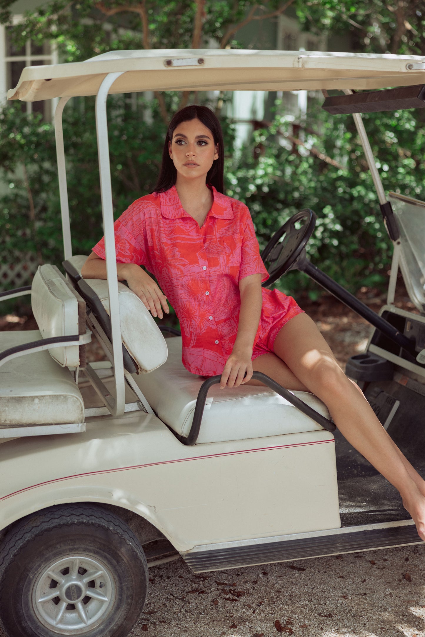 Woman in tropical PJ set