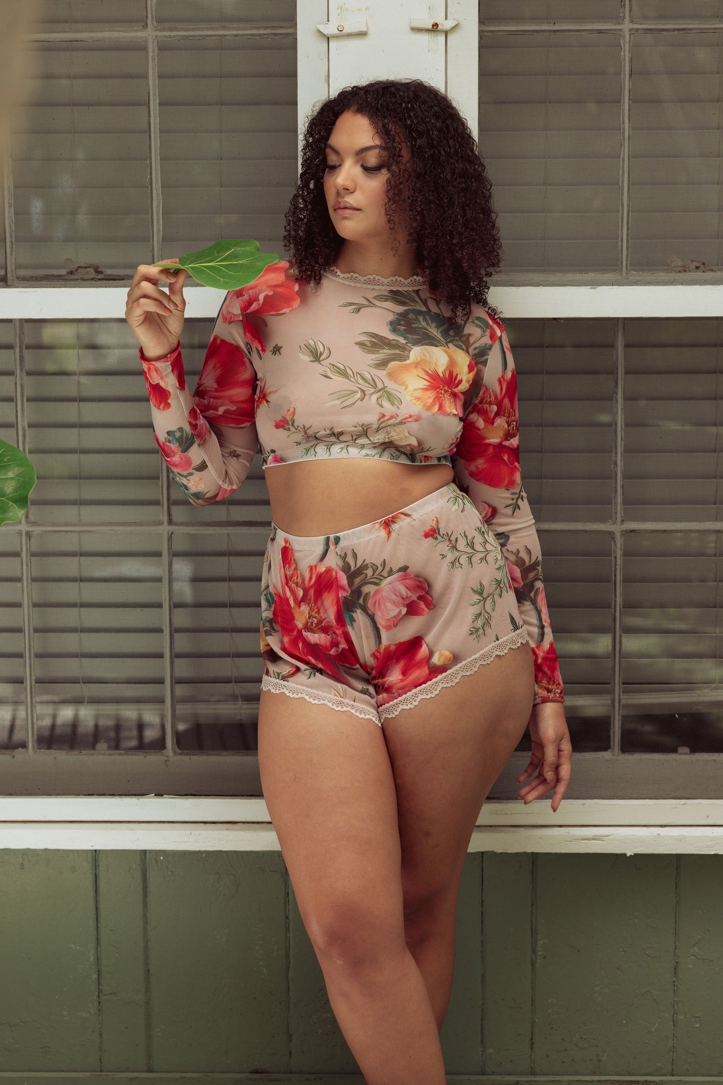 Lady in mesh floral lounge set