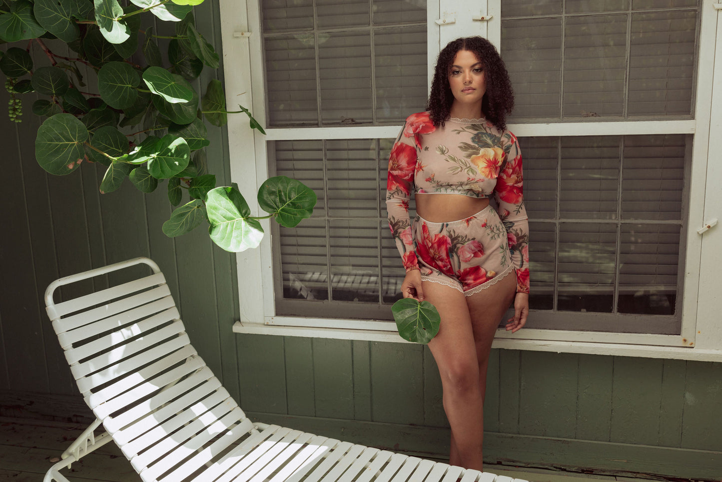 Lady in mesh floral lounge set
