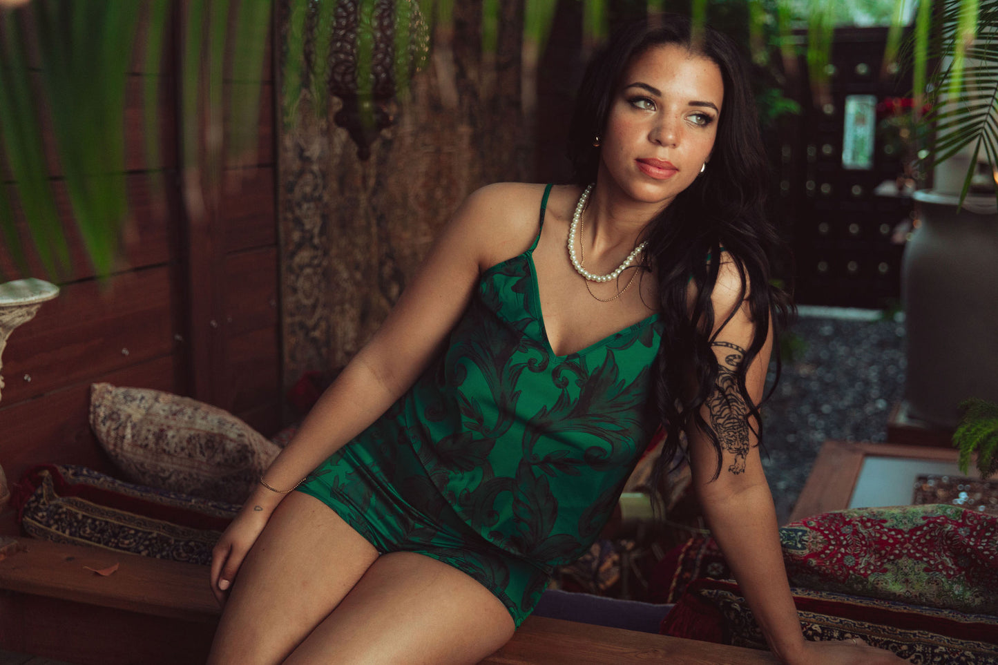 WOMAN IN GREEN CAMI SET