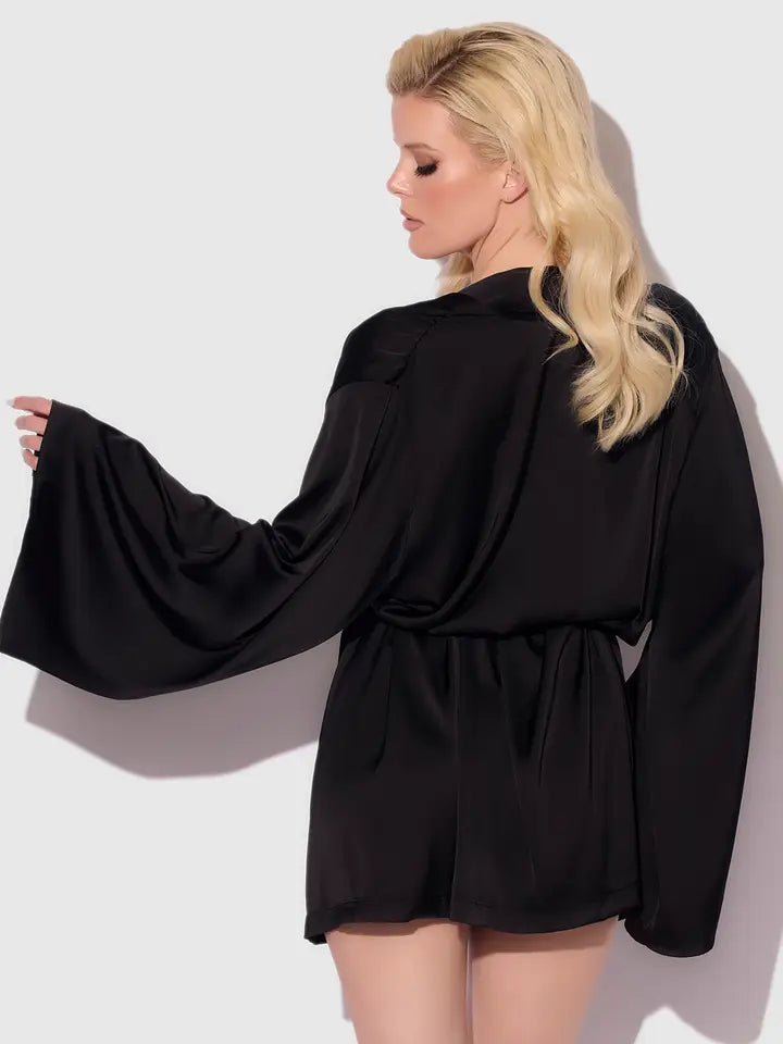 woman in short black satin robe