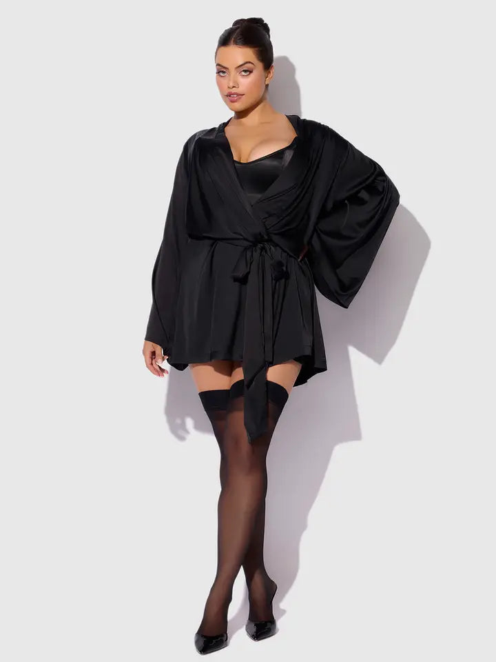 woman in short black satin robe