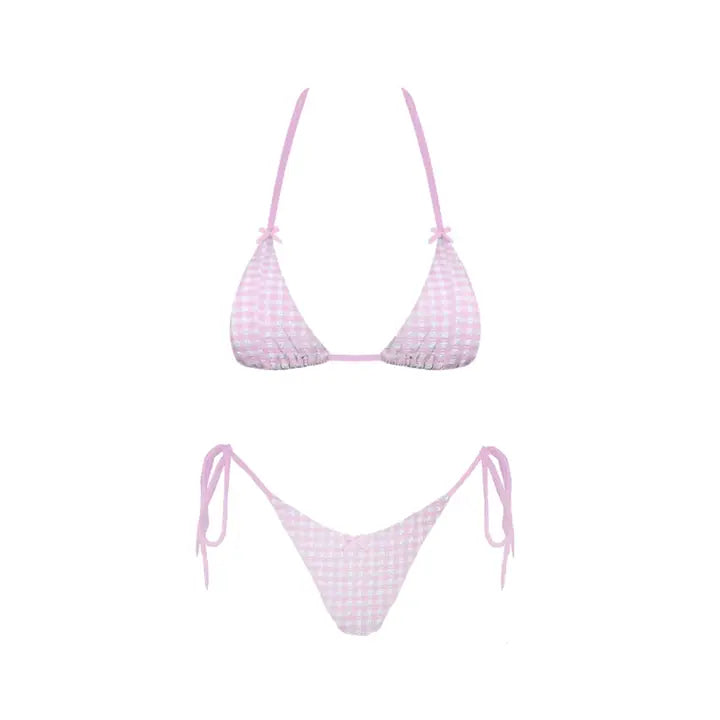 Pink checkered bikini set on a white background