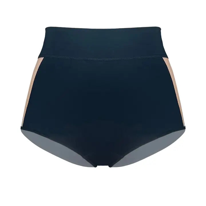Black high-waisted shorts with beige accents on a white background