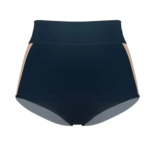 Black high-waisted shorts with beige accents on a white background