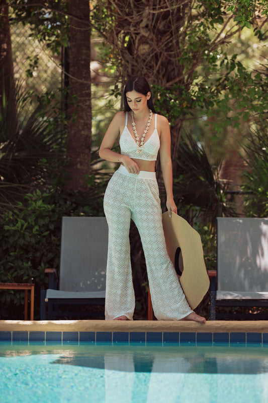 woman in lace flare pant
