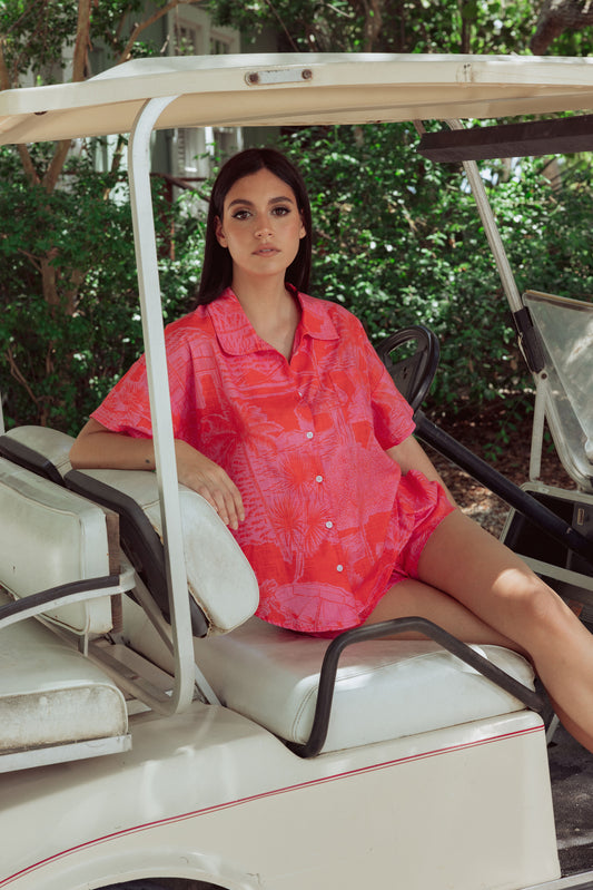 Woman in tropical PJ set