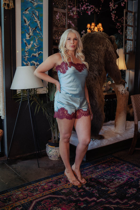 WOMAN WEARING ICY BLUE/PINOT CAMI & BOXER SET