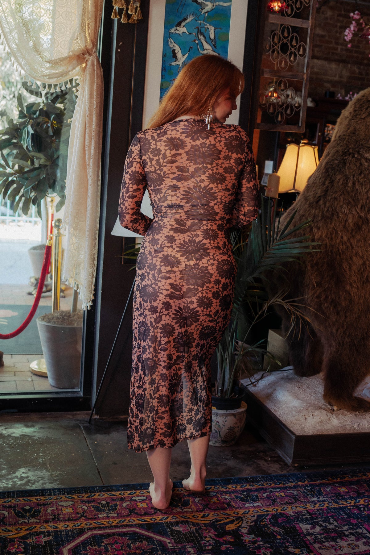 WOMAN WEARING BATTENBURG LACE MAXI DRESS