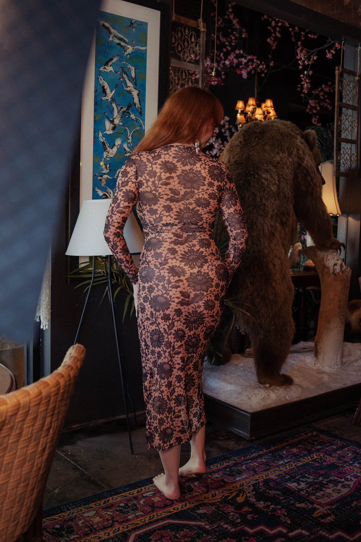 WOMAN WEARING BATTENBURG LACE MAXI DRESS