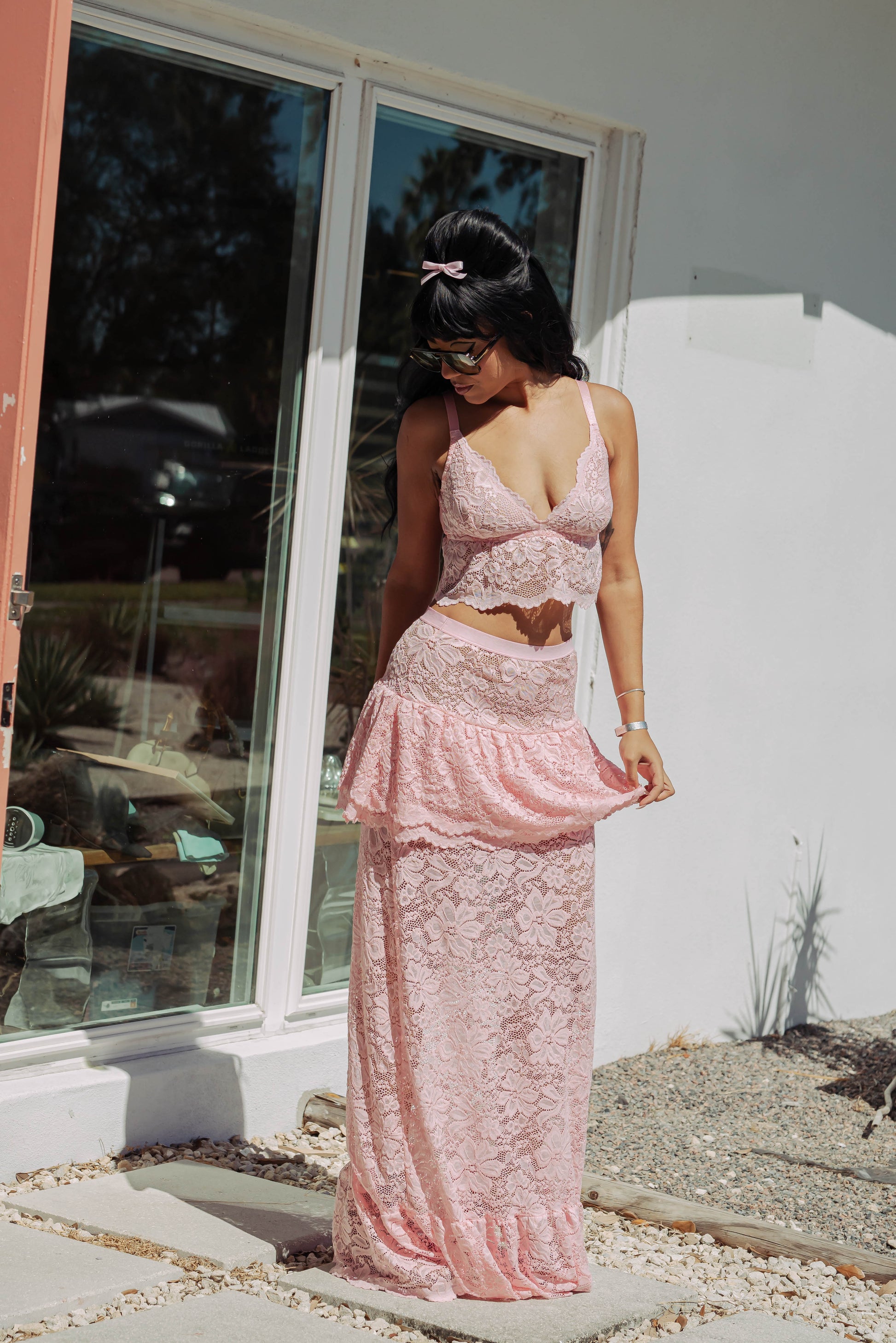 woman in Pink Ruffle lace bralette set
