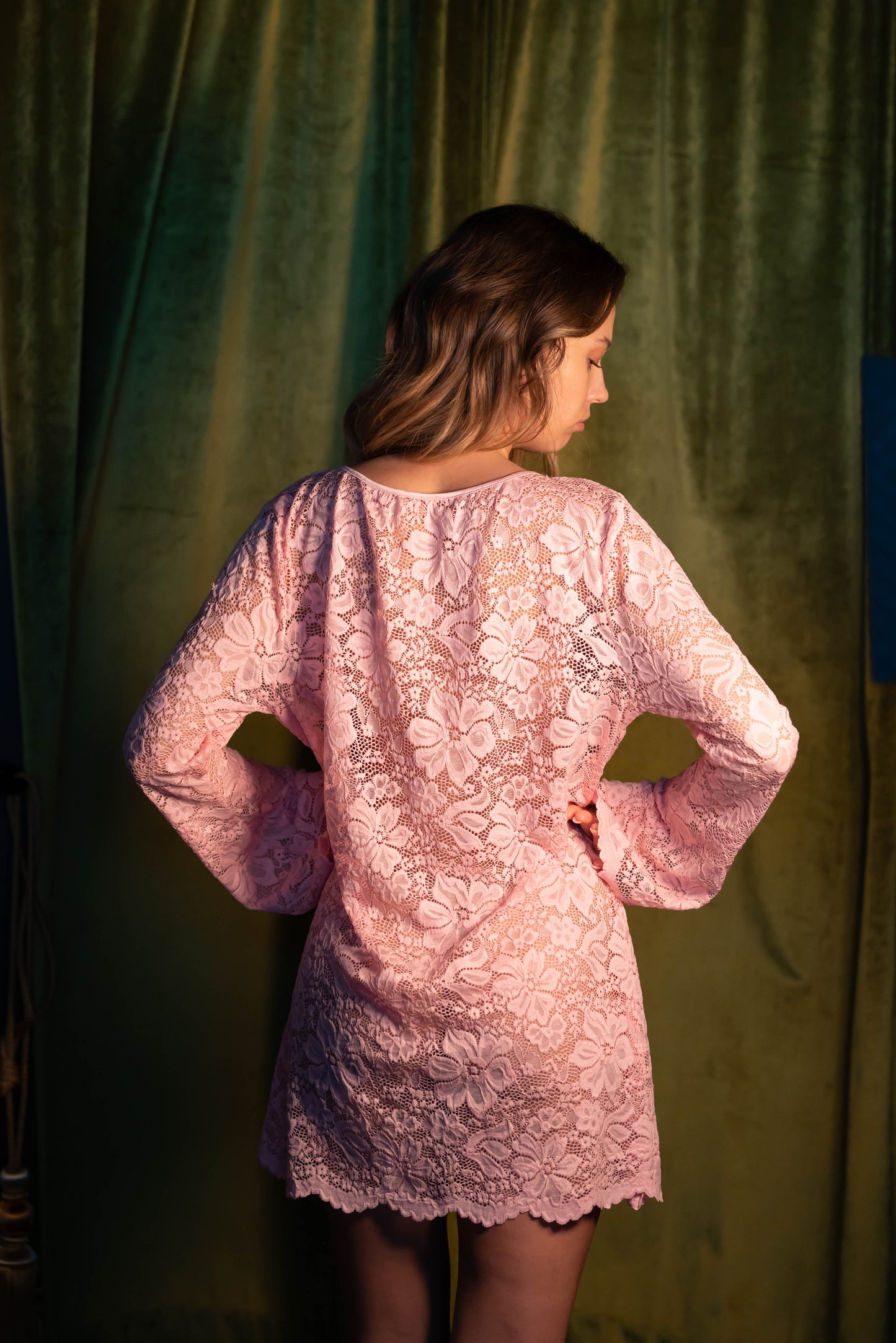 woman in pink lace dress