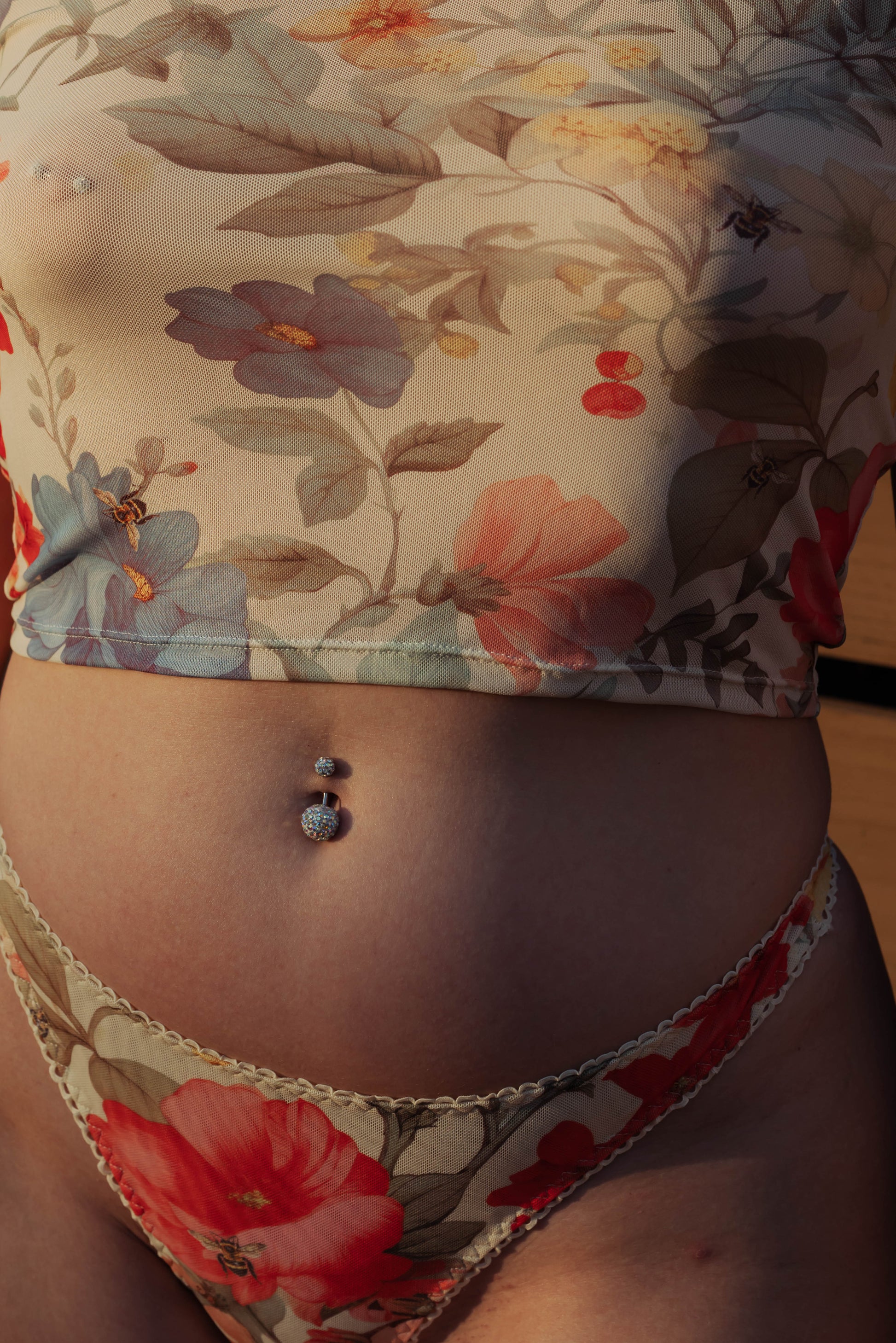 WOMAN IN MESH FLORAL THONG AND MATCHING SHIRT
