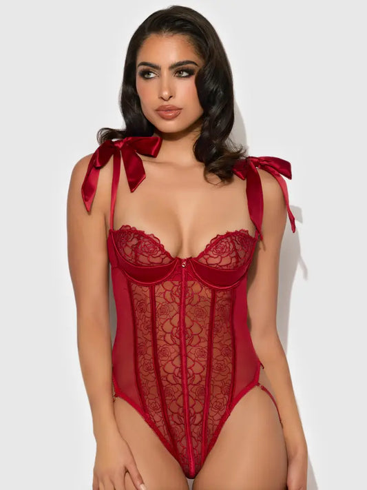 RED FLORAL LINGERIE TEDDY BODYSUIT
