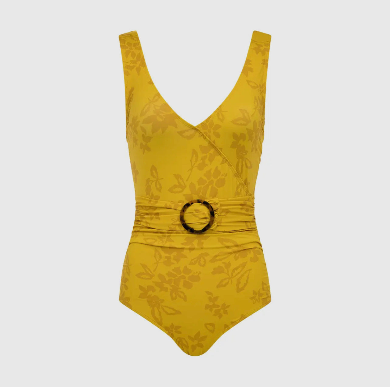 A yellow floral V-neck one piece.