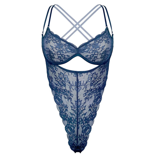 Dark denim blue under-wire lace one piece lingerie set 