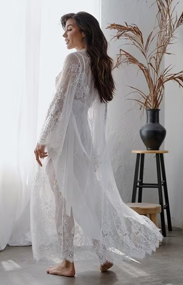 woman in white lace robe