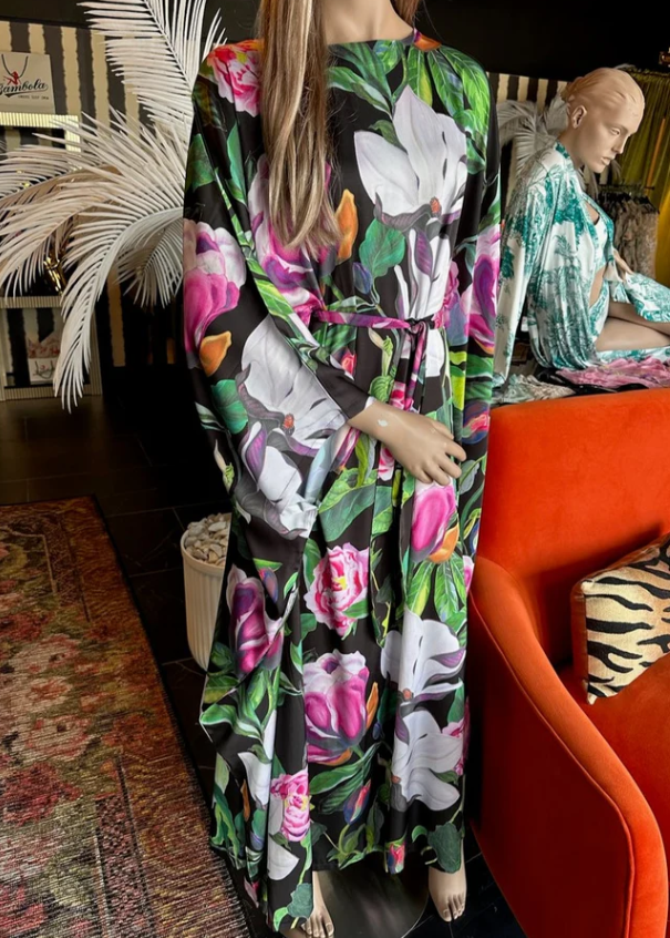 woman in floral caftan