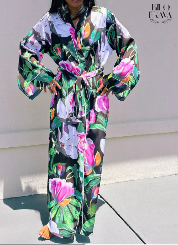 woman in floral robe