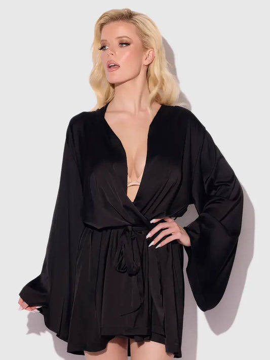 woman in short black satin robe