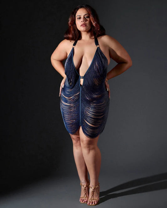 woman modeling denim blue ombre fringe slip dress 