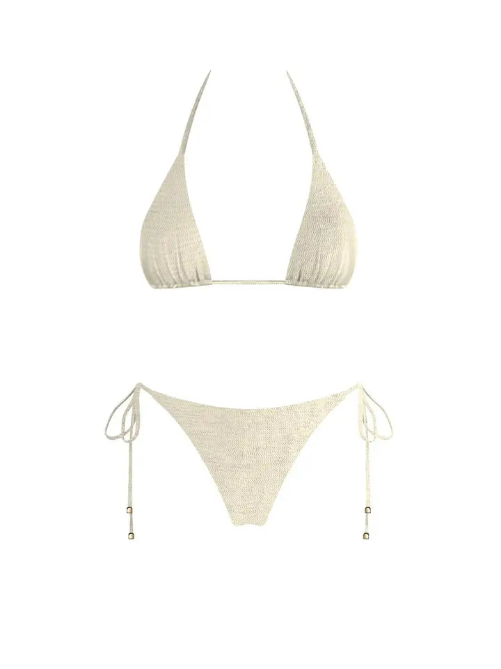 Beige bikini set on a white background