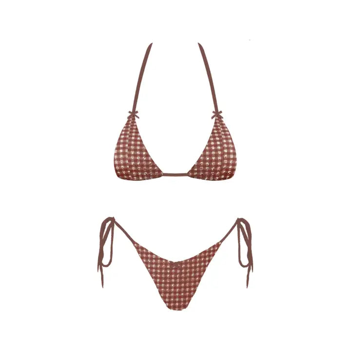 Brown checkered bikini set on a white background