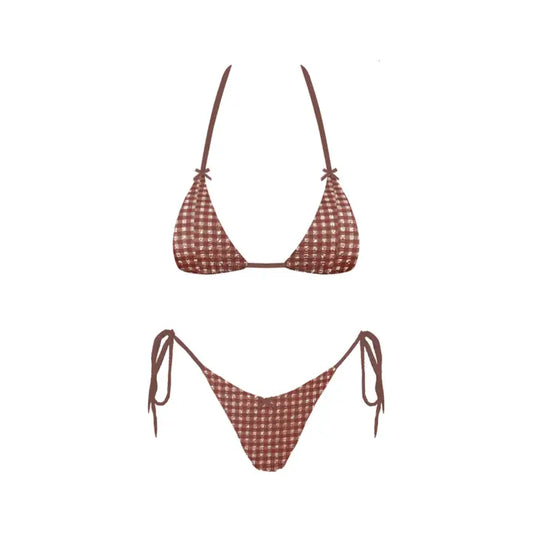 Brown checkered bikini set on a white background