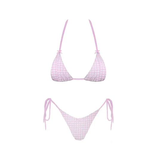 Pink checkered bikini set on a white background