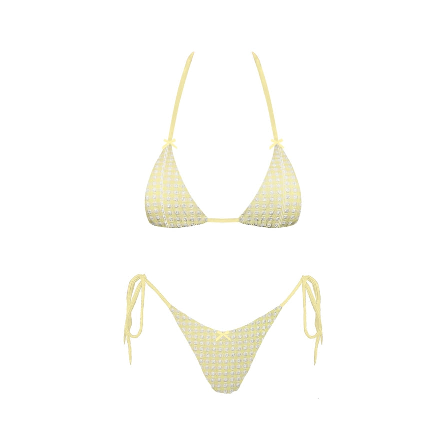 Yellow checkered bikini set on a white background