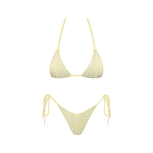 Yellow checkered bikini set on a white background