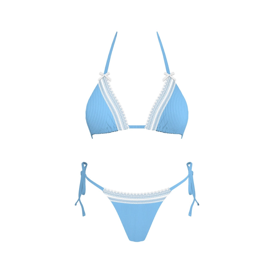 blue bikini with white lace trim 