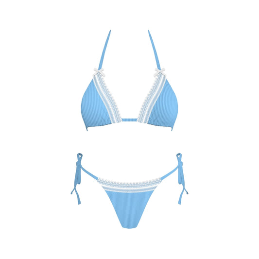 blue bikini with white lace trim 