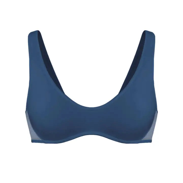 Dark denim blue scoop bralette with mesh sides