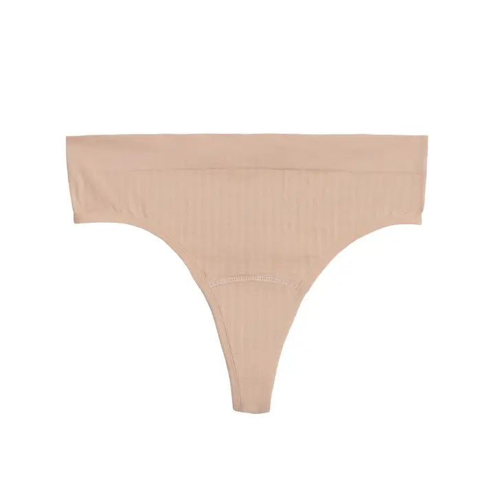 Beige thong bikini bottom on a white background