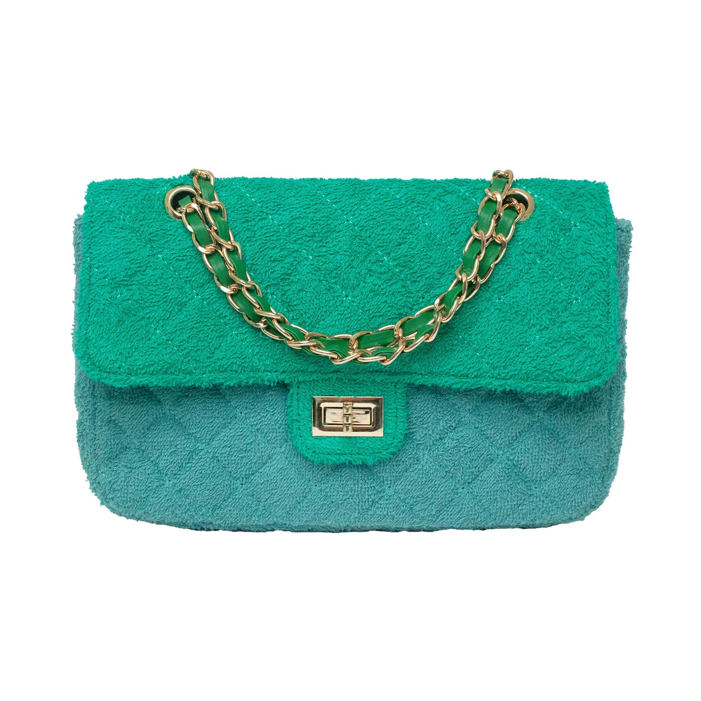 Green cotton textured handbag with a gold hardware