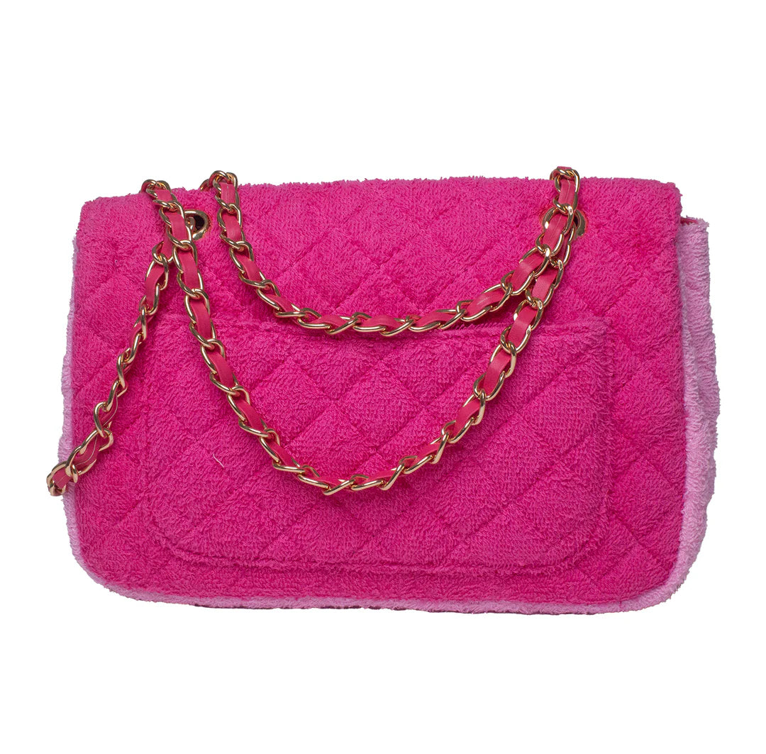 Pink cotton textured handbag with a gold hardware