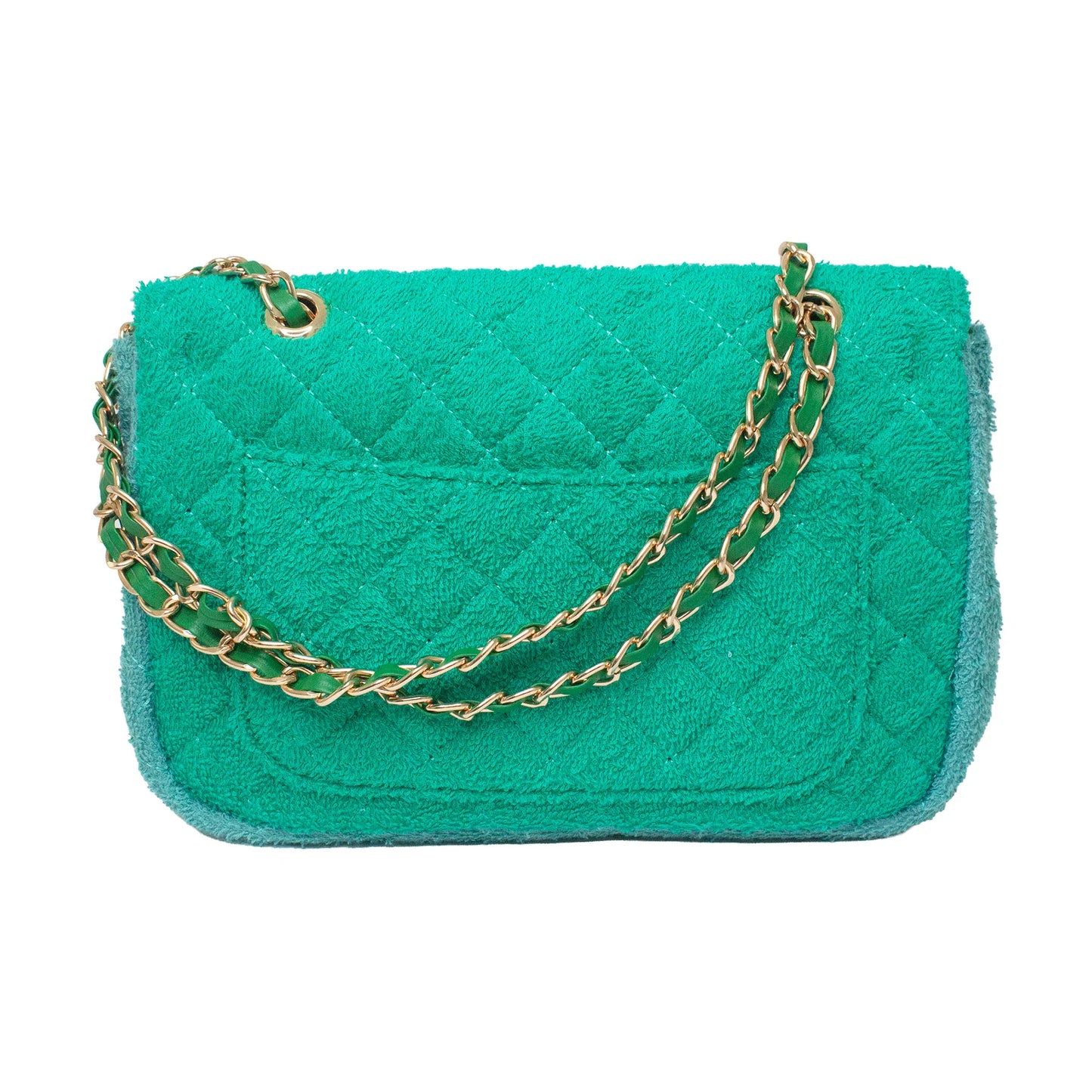Green cotton textured handbag with a gold hardware