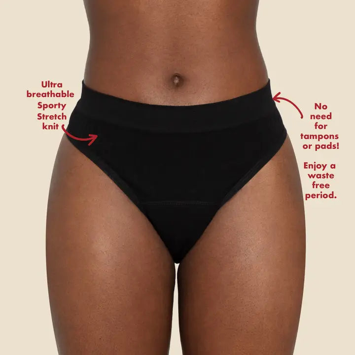 Black high-waisted underwear on a beige background with text highlighting features.