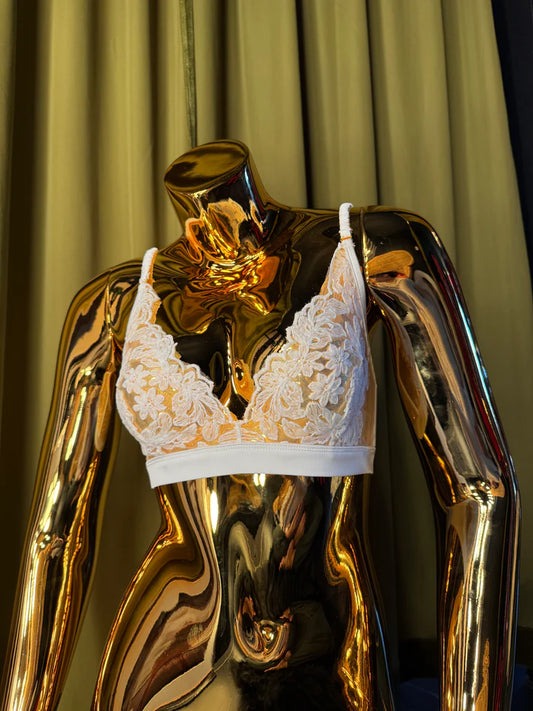 mannequin in white embroidery bralette